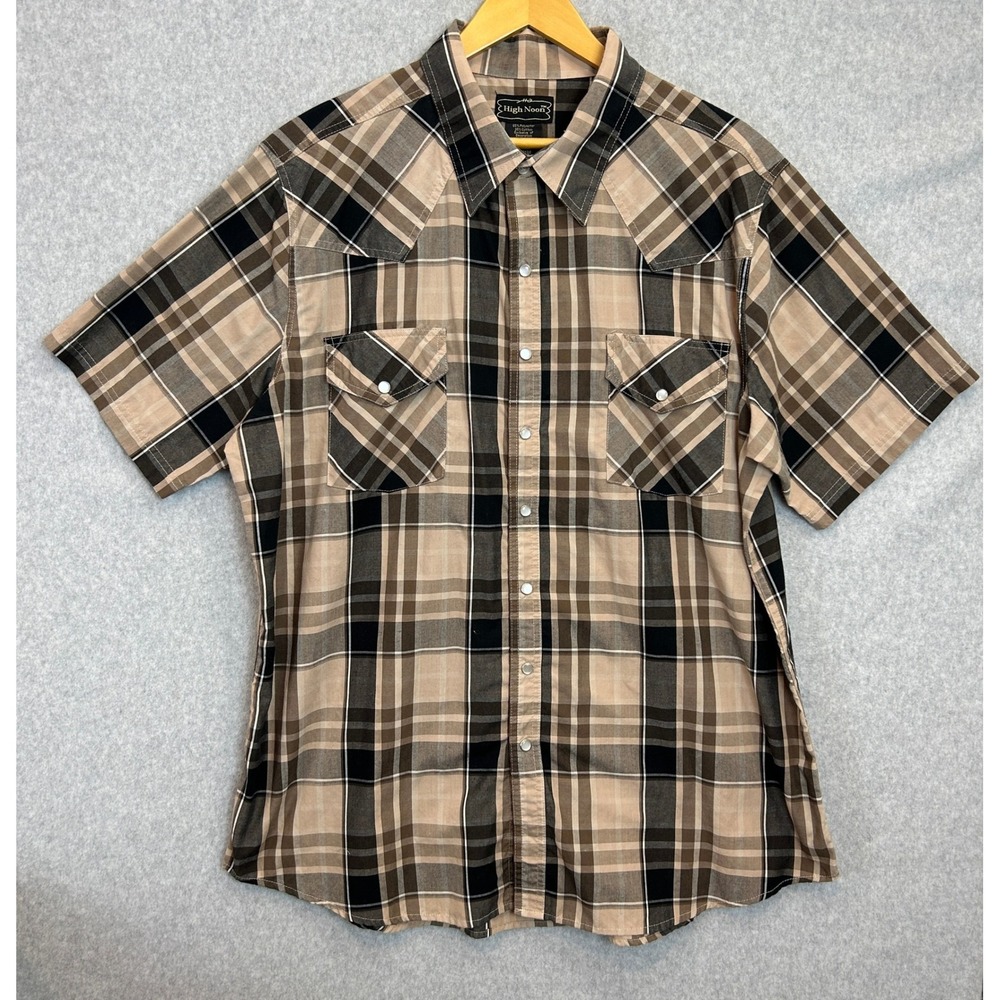High Noon Western Shirt Tan Plaid Pearl Snap Short Sleeve Rodeo Cowboy Mens XL